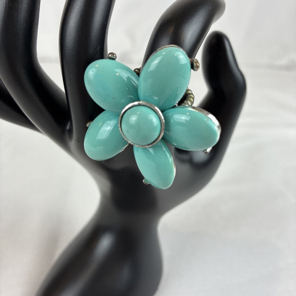 Paparazzi Turquoise Blue Flower Stretch Ring Silver Tone Statement Boho Floral